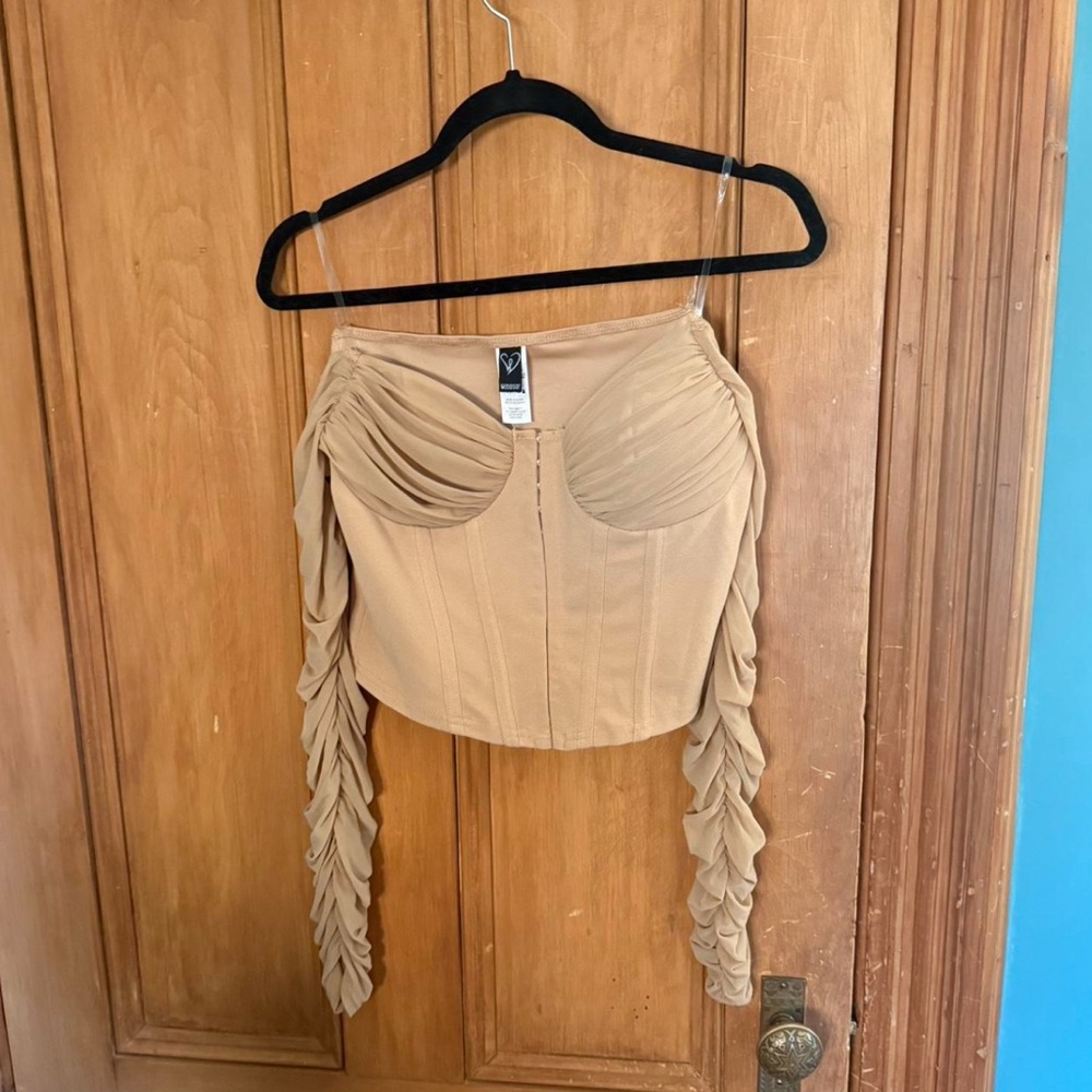 Windsor Tan Off-Shoulder Corset Top with Mesh Ruffle Sleeves